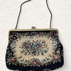 Vintage Walburg Black and Gold Floral Tapestry Clutch Purse